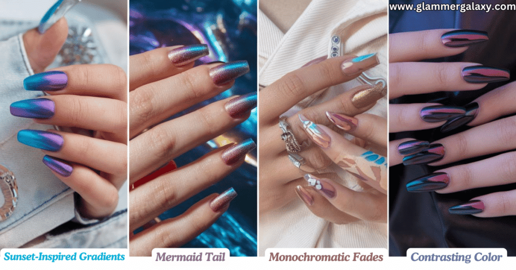 Four images of hands with different nail polish designs, labeled with style names.