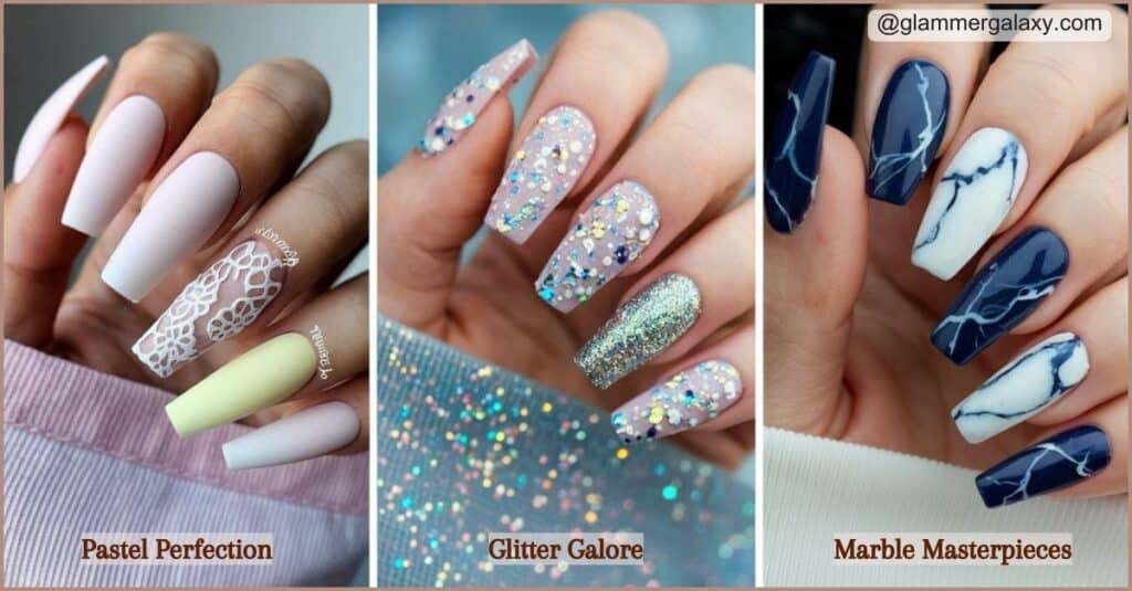 Three sets of manicured nails with pastel, glitter, and marble designs labeled Pastel Perfection, Glitter Galore, Marble Masterpieces.