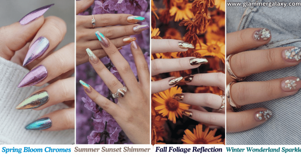 Four sets of hands with seasonal nail designs labeled Spring Bloom Chromes, Summer Sunset Shimmer, Fall Foliage Reflection, Winter Wonderland Sparkle.