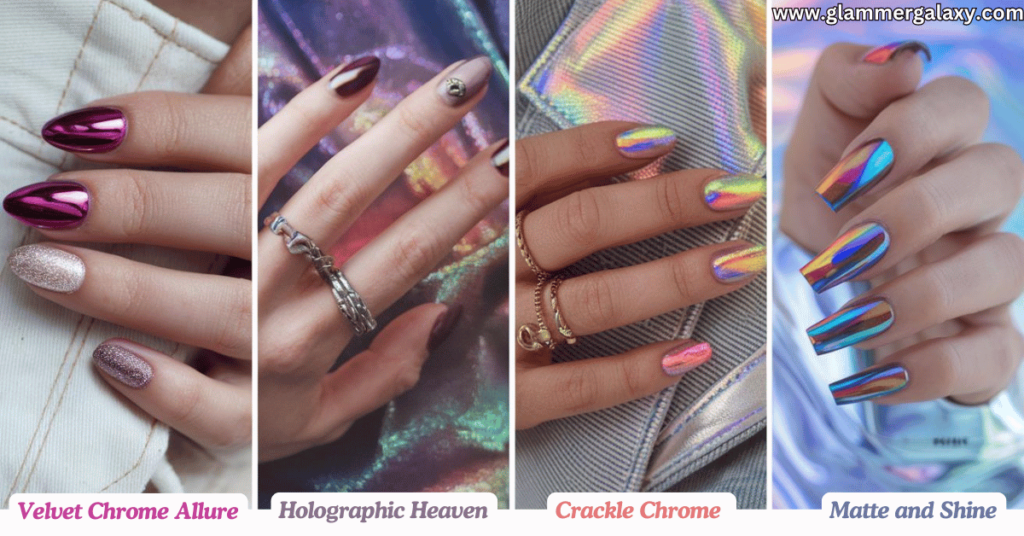 Four sets of hands with different nail polish styles labeled Velvet Chrome Allure, Holographic Heaven, Crackle Chrome, and Matte and Shine.