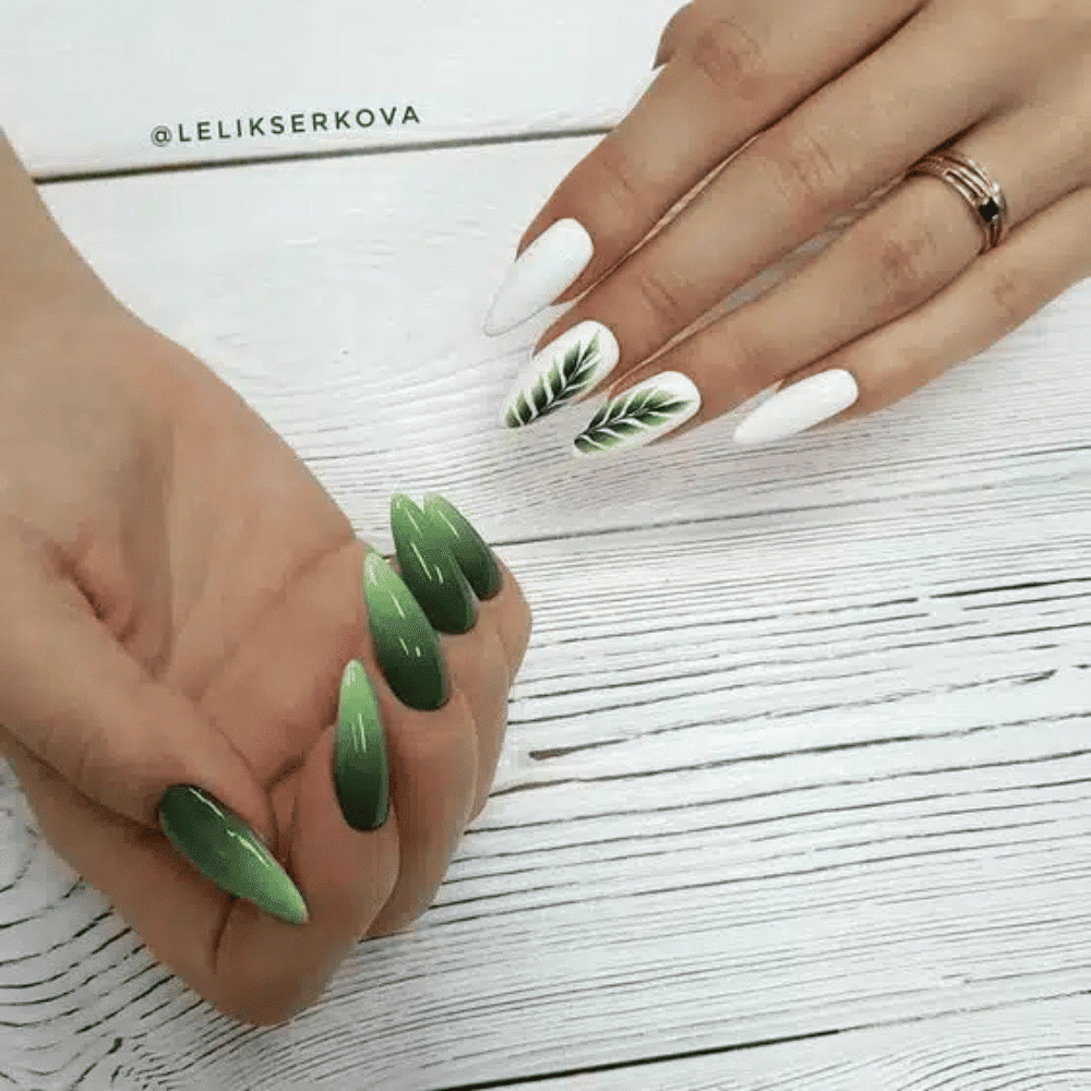 Close-up of hands with fall nail design having Forest-Themed Color Progressions