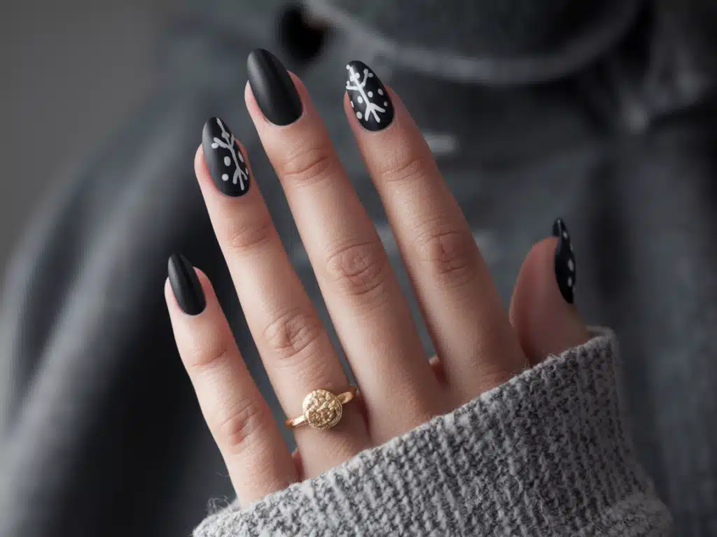 Winter Dip Nail Design featuring Black Dip Nails