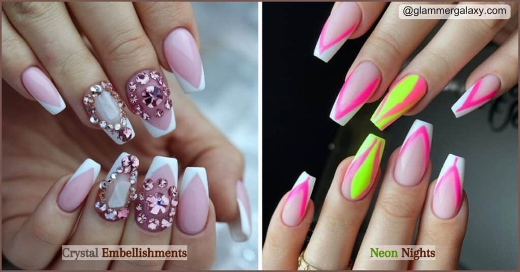 Two hands with stiletto nails, one with crystal embellishments, the other neon.