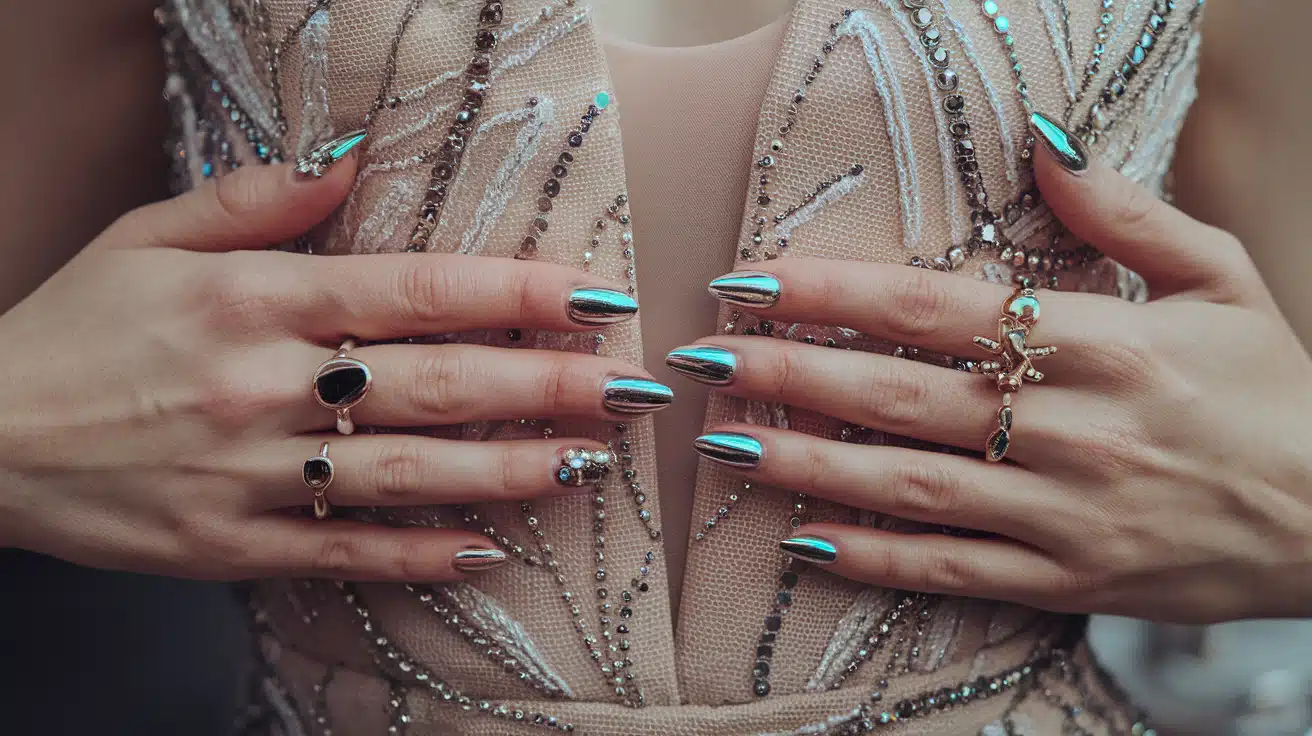 Close-up of two hands with intricately designed nails resting on a beaded dress.