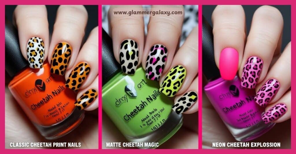 Three nail polish bottles with cheetah print nail art in orange, green, and pink.