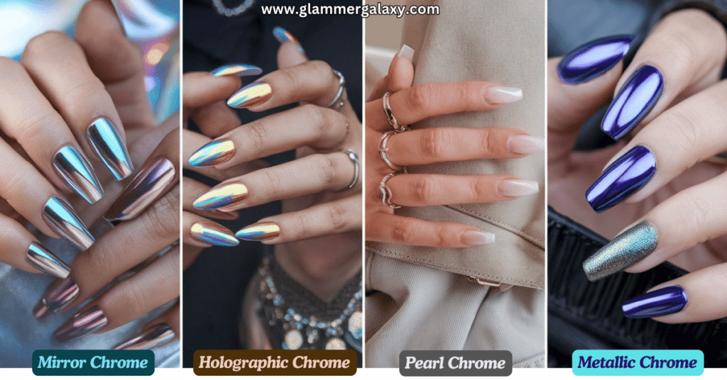 Four types of chrome nail polish effects displayed on fingers.