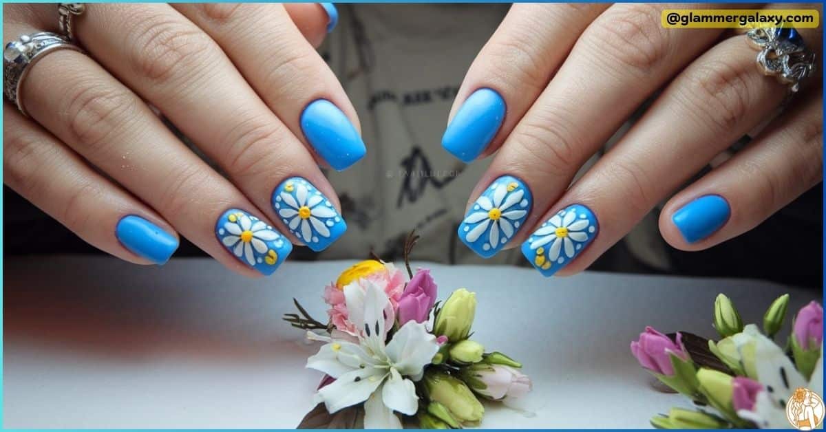 Blue Nails With Flower Designs