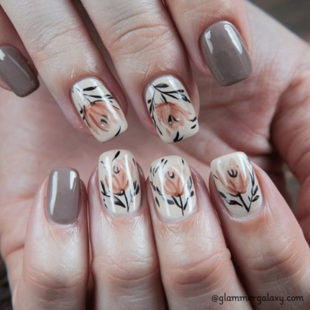 Simple fall nails having Floral Autumn Nail Art