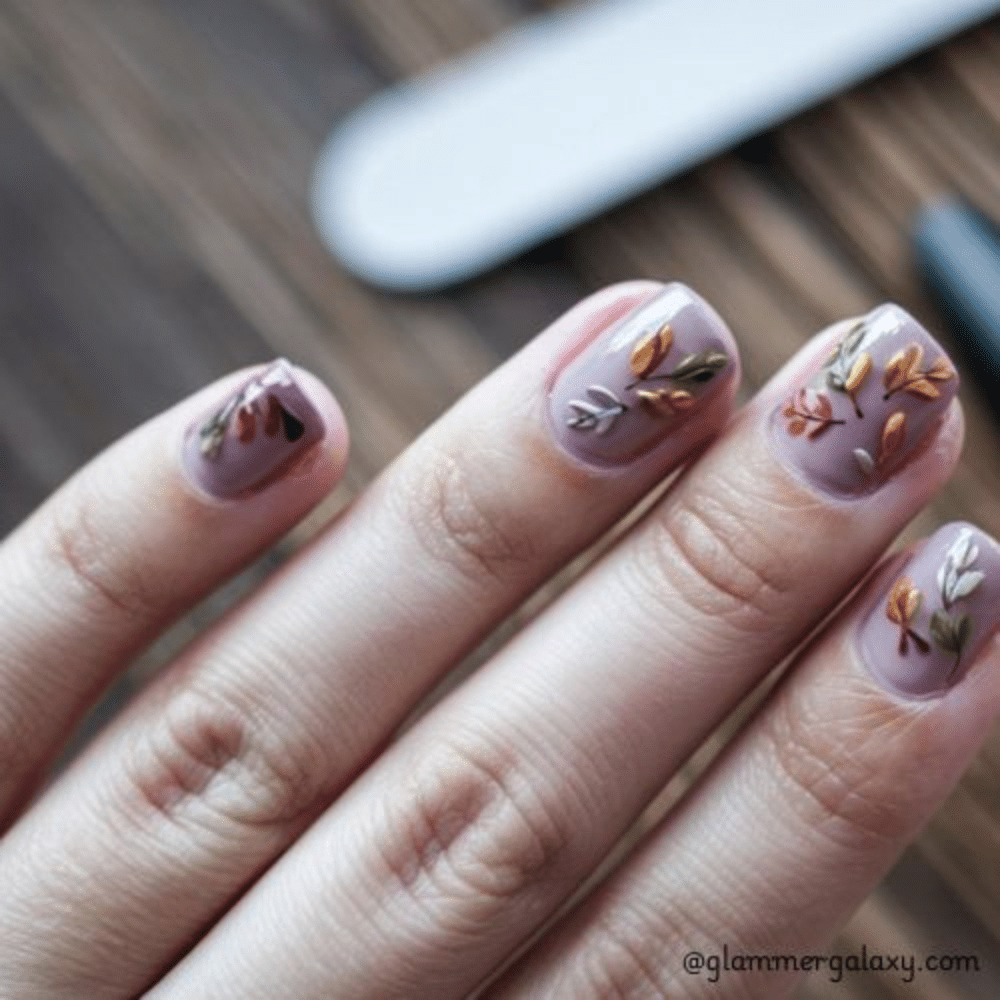 Simple fall nails having Delicate Autumn Leaves Designs