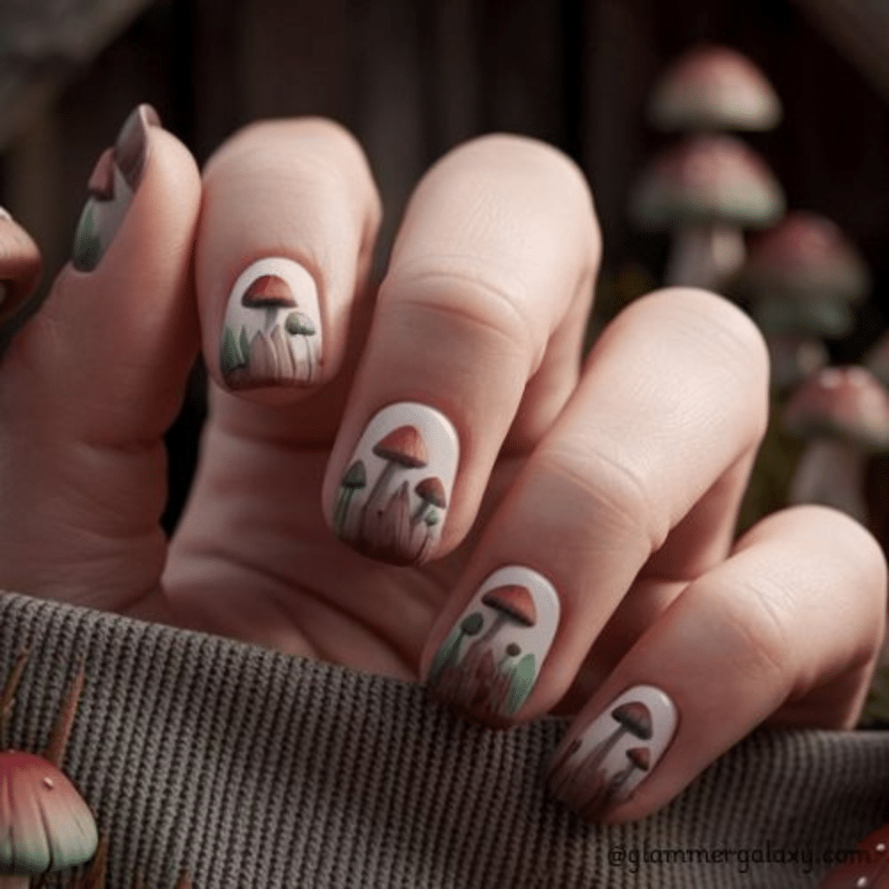 Simple fall nails having Whimsical Mushroom Nails