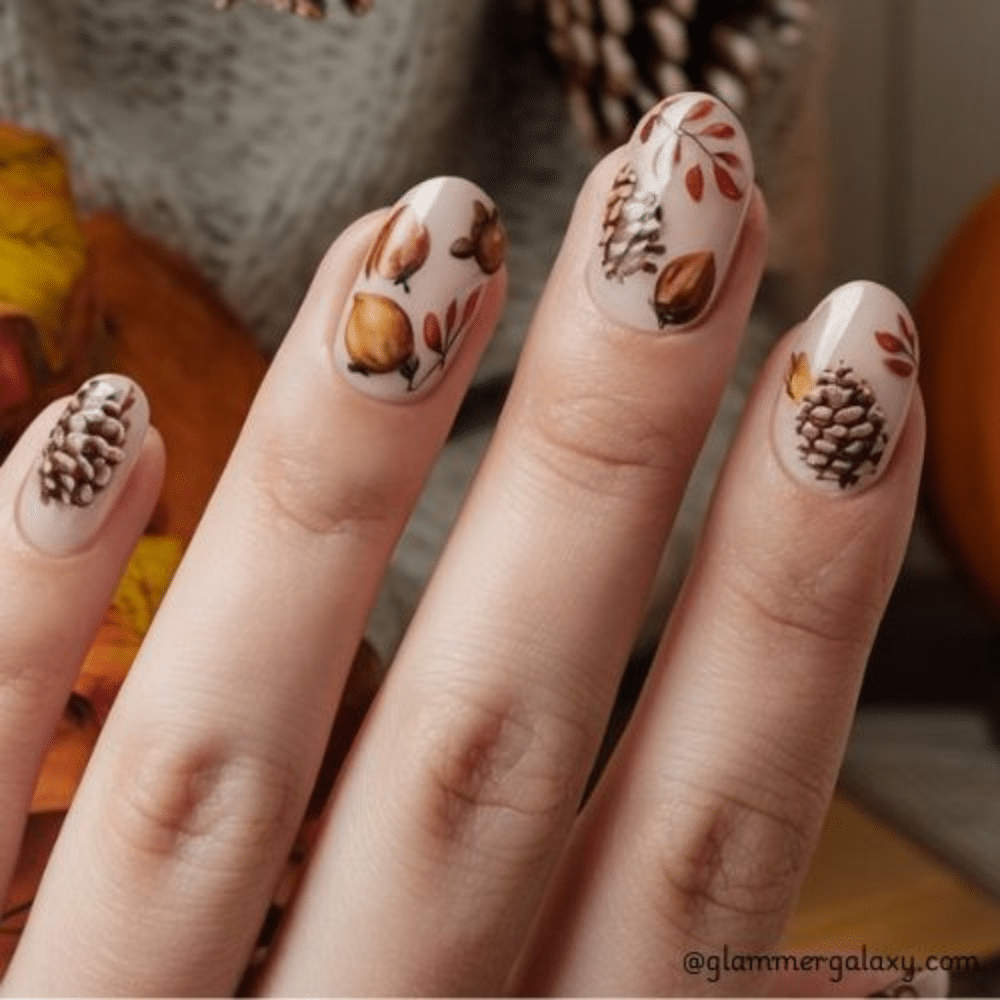 Simple fall nails having Nature-Inspired Fall Elements