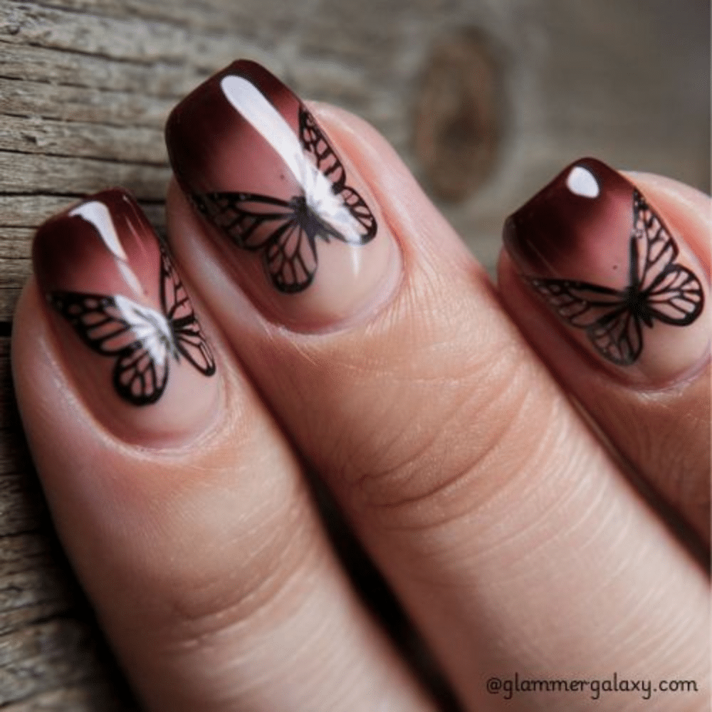 Simple fall nails having Autumn Butterflies French Nails