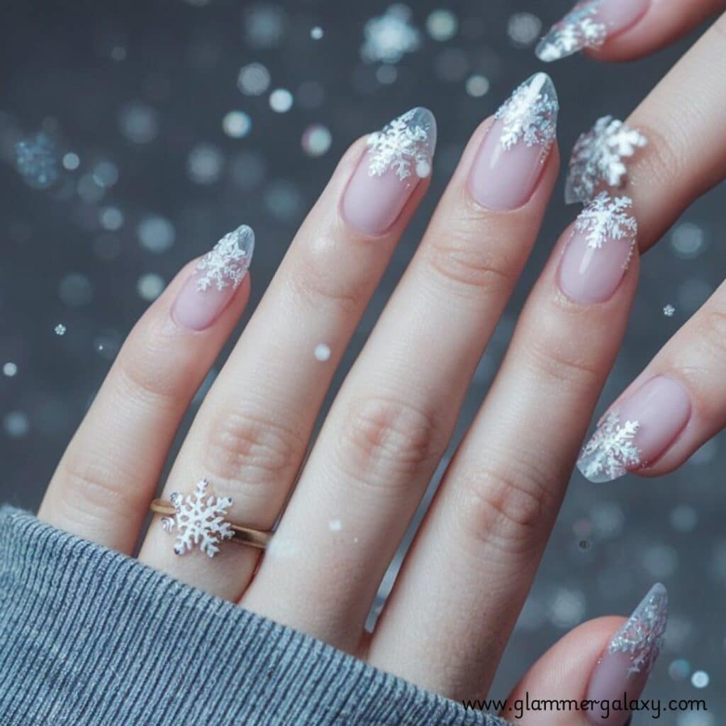 Snowflake Nails having Frosty Glitter Tips Nail Art