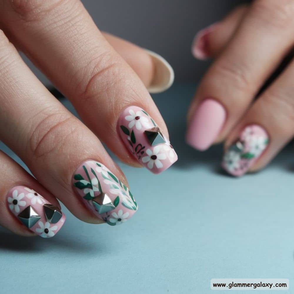 Short Fall Nail having Floral Studded Accents