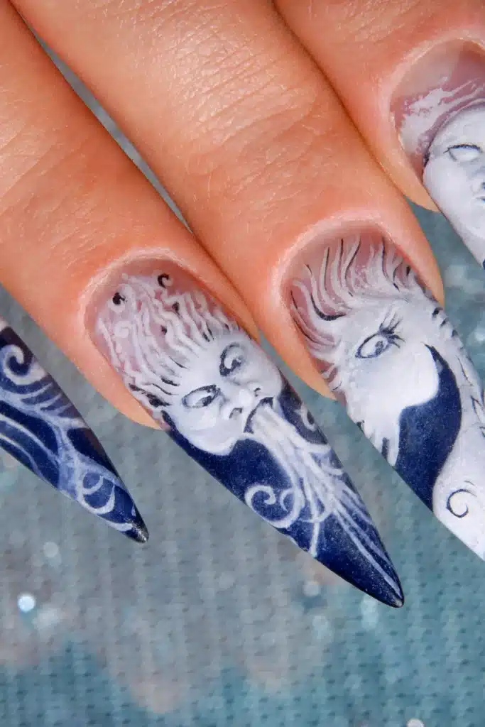 blue floral acrylic nails