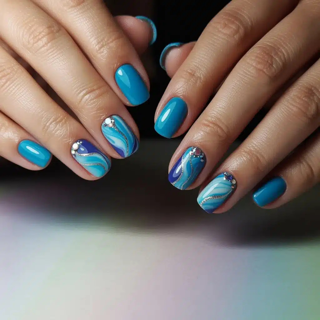 Blue ombre nails with glitter accent